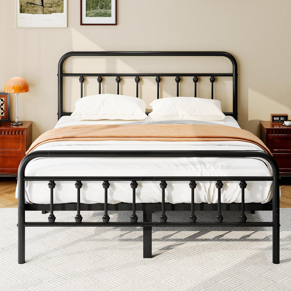 Zunatu Queen Size Metal Platform Bed Frame/Victorian Style Headboard And Footboard/Steel Slat Support/Easy Assembly/No Box Spring Needed/Underbed Storage/Noise Free/Black