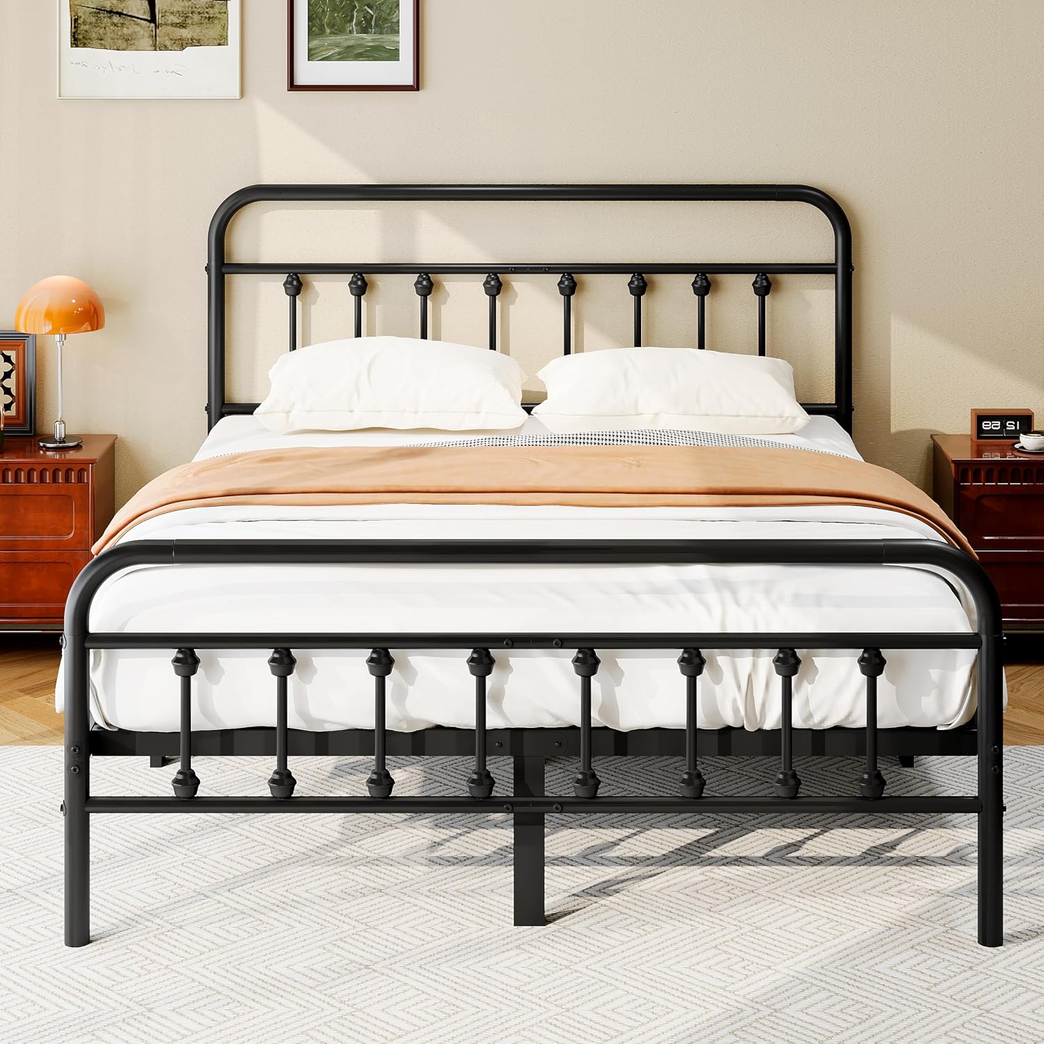Zunatu Queen Size Metal Platform Bed Frame/Victorian Style Headboard And Footboard/Steel Slat Support/Easy Assembly/No Box Spring Needed/Underbed Storage/Noise Free/Black