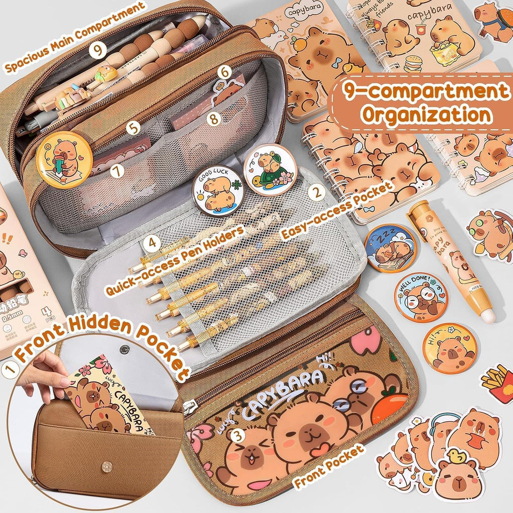 Fimibuke Capybara Backpack For School Girls, 30Pcs Capybara School Supplies | Stationery Set With Bookbag Pencil Case Pins Gel Pens Pencils Notebooks For Back To School Kindergarten Elementary Student