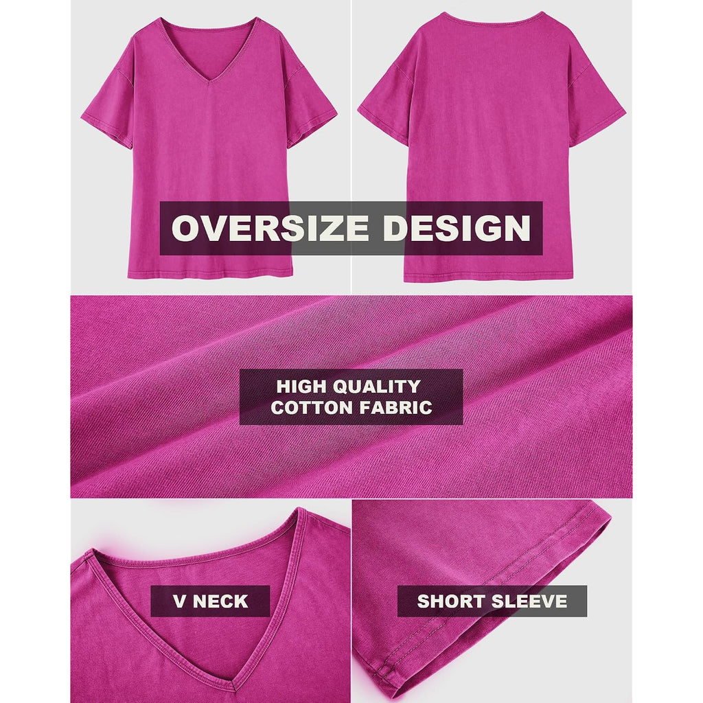 Flowyair Womens Oversized T Shirts Summer Loose Fit Cotton Short Sleeve Basic Tees Casual V Neck Boyfriend Tunic Tops