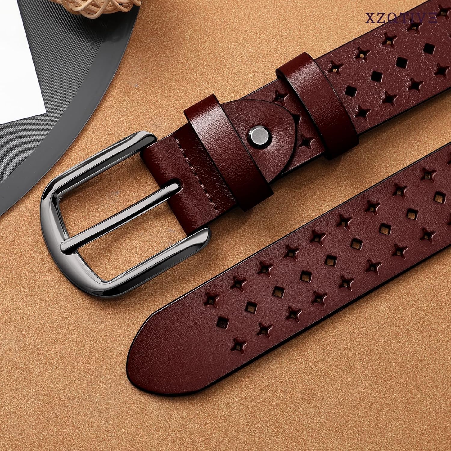 XZQTIVE Hollow Genuine Leather Belts for Women with Pin Buckle, Fashion Casual Waist Belt for Jeans Dress Pants