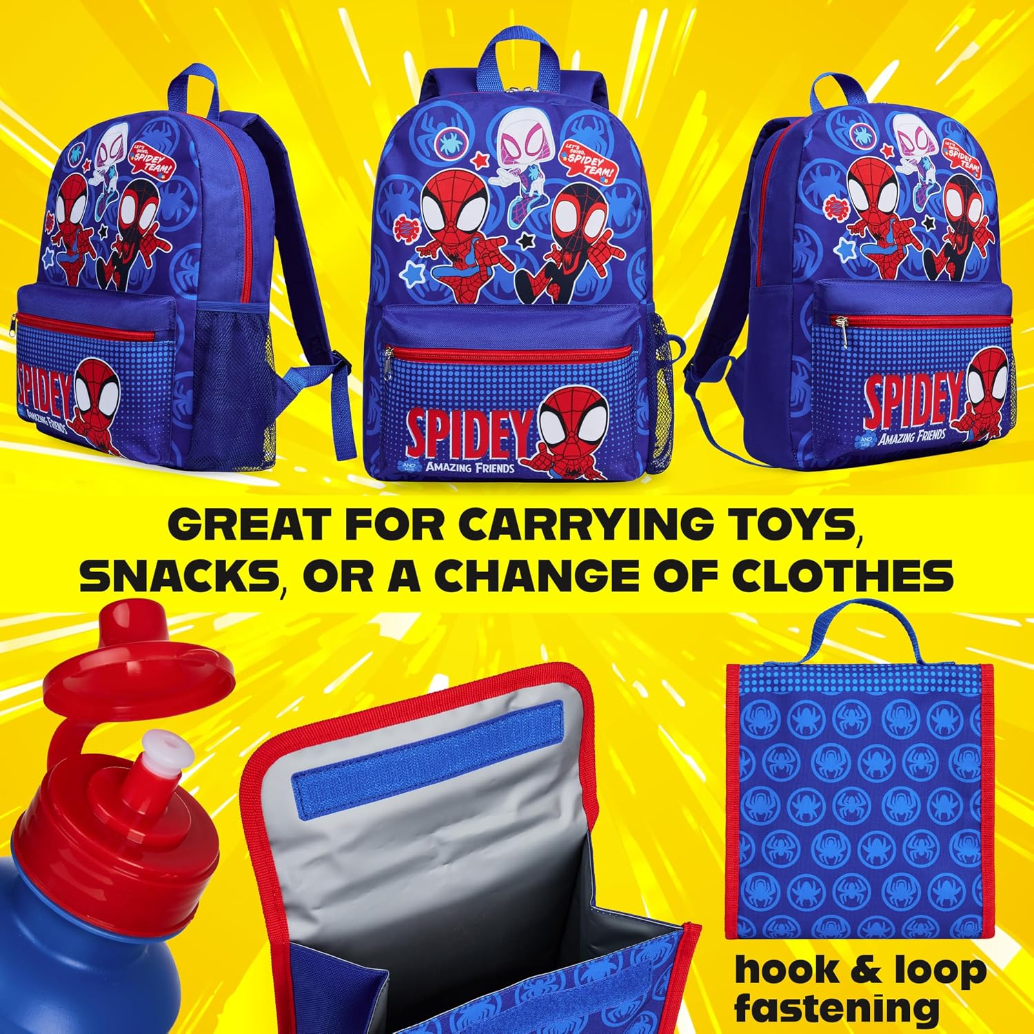 Marvel Spiderman Backpack Set 4 Pcs Water Bottle Pencil Case Lunch Bag Or Wallet Key Ring School Supplies Gifts For Kids (Spidey)