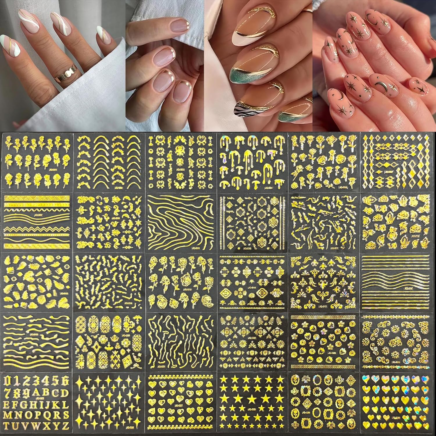 90 Sheets Gold Nail Art Stickers: Star Heart Flower Line, 3D Self-Adhesive Nail Decals for Women's Nail Decoration with Tweezer