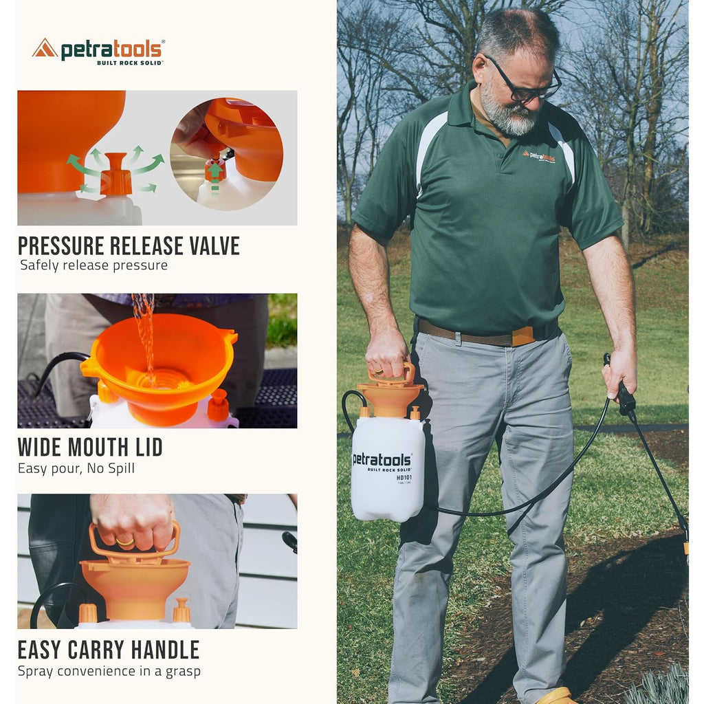 Petratools 1 Gallon Pump Sprayer – Hd101 Garden Sprayer For Weeds, Lawn Care & Pesticides – 52” Long Hose, 2 Nozzles & Easy Carry Handle – Durable & Lightweight
