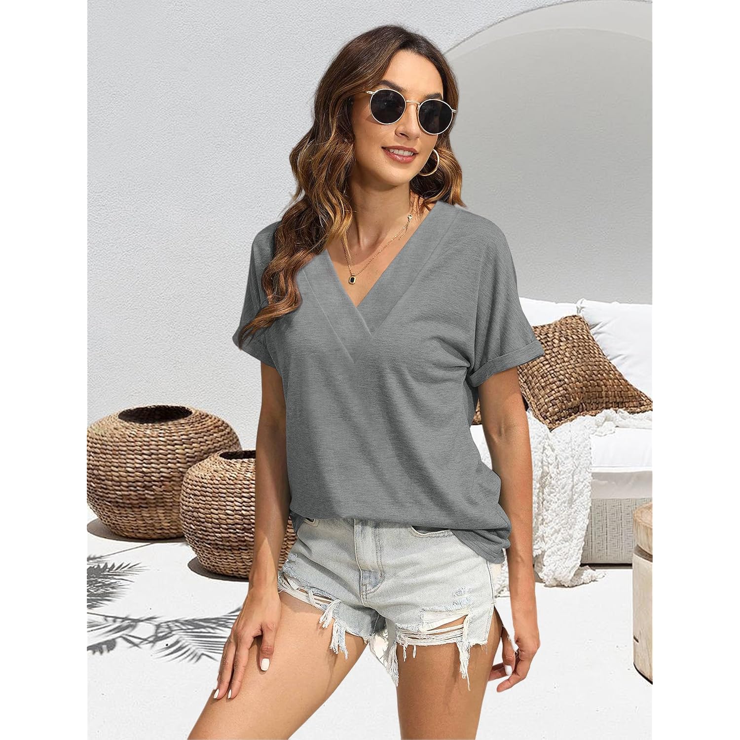 2PCS T Shirts Short Sleeve V Neck Tees Womens Tops Fashion Beach Vacation Clothes 2026 Casual Summer Spring Outfits