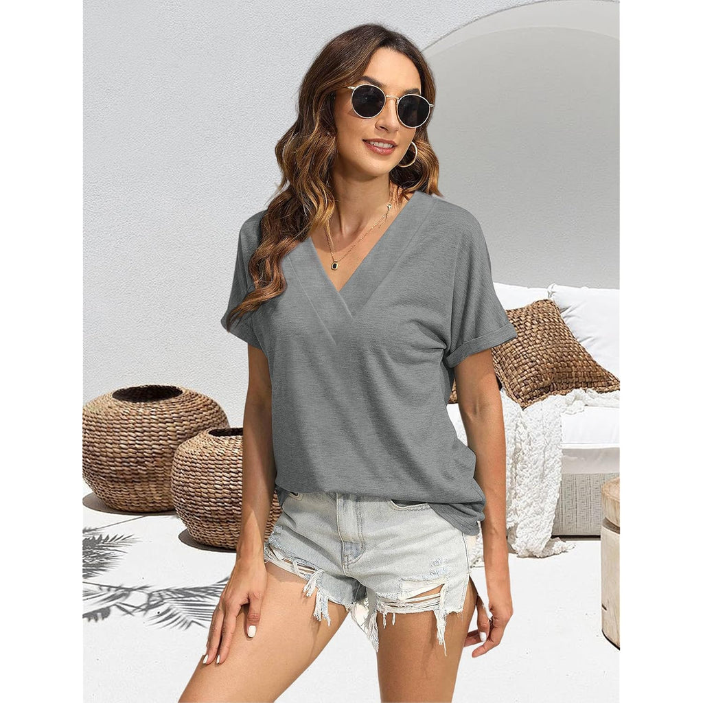 2PCS T Shirts Short Sleeve V Neck Tees Womens Tops Fashion Beach Vacation Clothes 2026 Casual Summer Spring Outfits