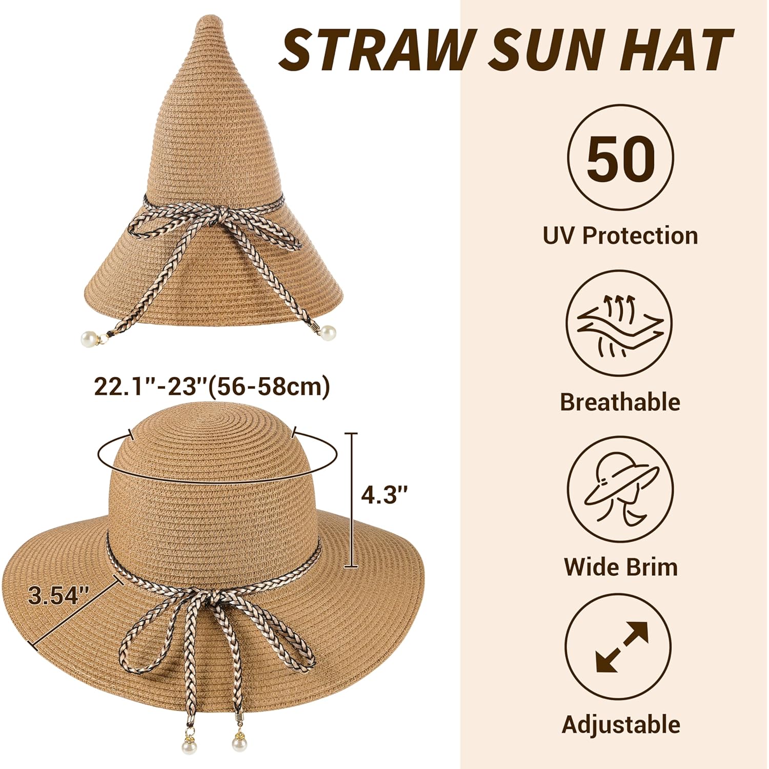 Womens Beach Sun Straw Hat - UV Protection UPF 50+ Sun Hats for Women with Wide Brim, Straw Beach Hat for Women