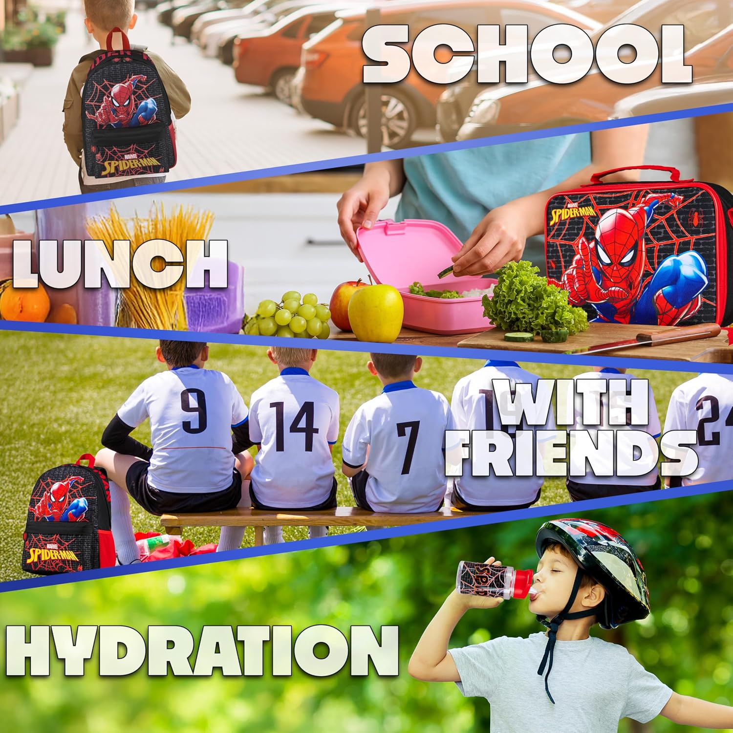 Marvel Spiderman Backpack Lunch Box Water Bottle Pencil Case 4 Pc Set For Boys Girls Bookbag Picnic Backpacks Gifts For Kids