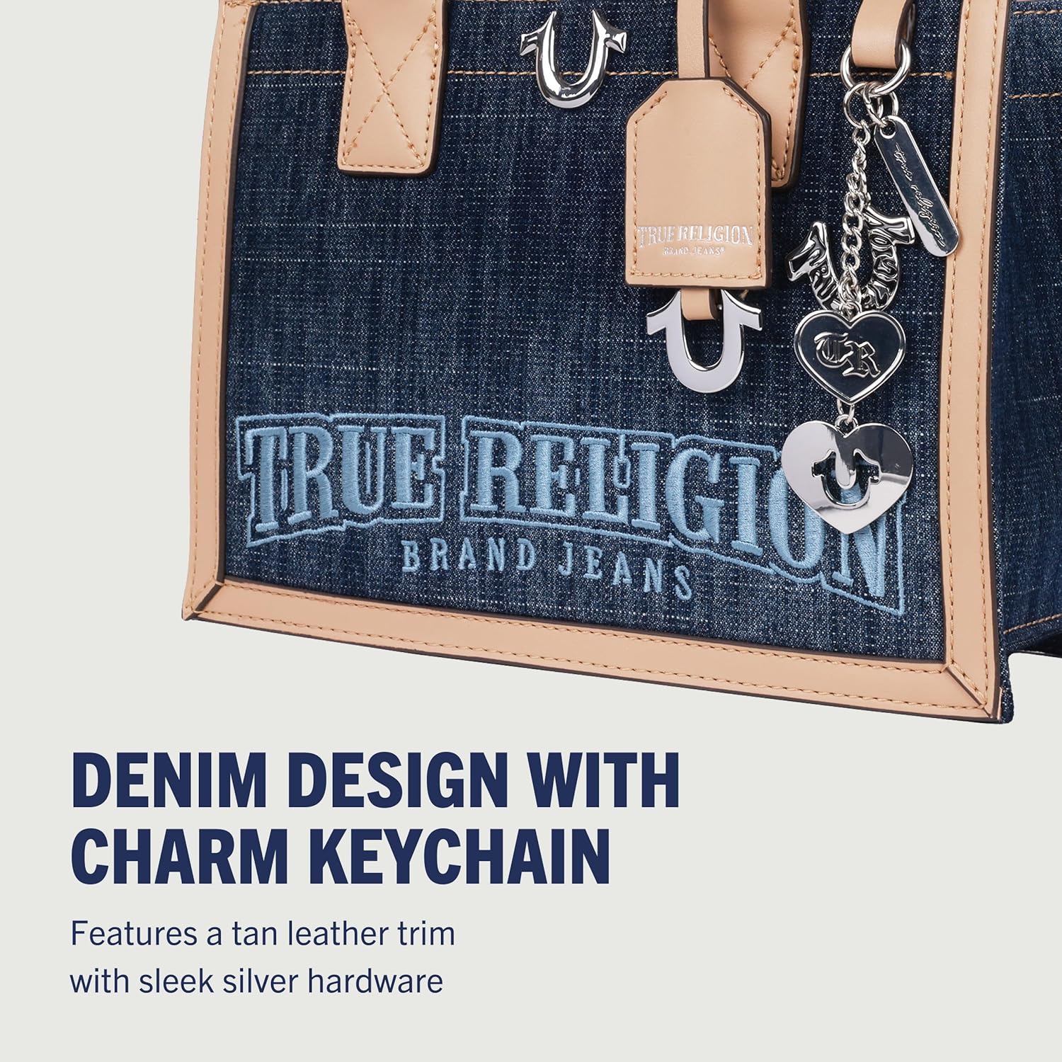 True Religion Denim Tote Bag, Bombe Logo Shoulder Carryall with Horseshoe Hardware and Strap Hand Bag, Dark Denim