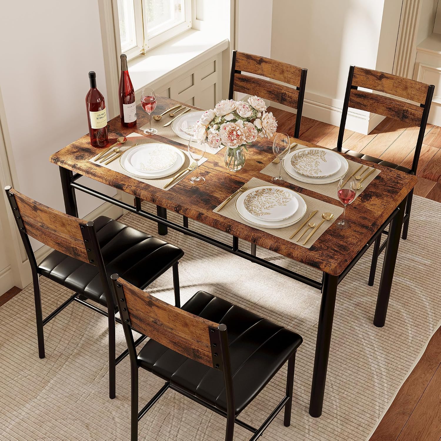 Ironck Dining Table Set For 4, Wood Kitchen Table With Upholstered Chairs For Kitchen Room And Small Spaces, Rustic Brown