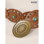 WERFORU Women Western Belts Wide Disc Belt with Turquoise for Dress Cowgirl Country Belt Boho Concho Leather Belt for Concert