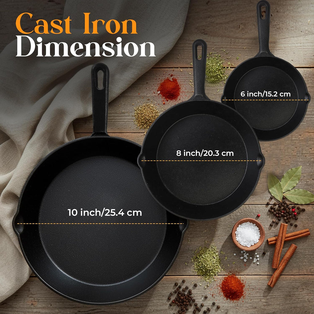 Utopia Kitchen Cast iron Skillets 3 Piece Set, Chefs Pan, Pre Seasoned Cast iron Skillets, 6, 8 & 10 Inches, Easy Use in the Oven, Stove, Grill, or Campfire, Black