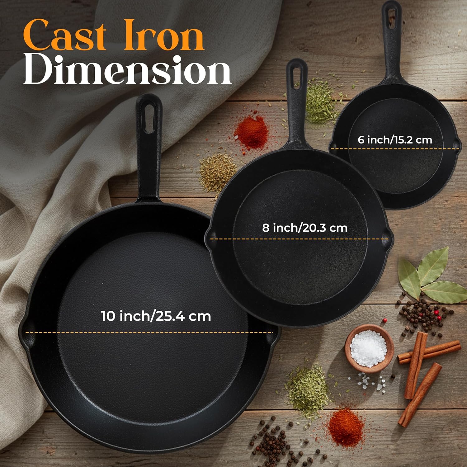 Utopia Kitchen Cast iron Skillets 3 Piece Set, Chefs Pan, Pre Seasoned Cast iron Skillets, 6, 8 & 10 Inches, Easy Use in the Oven, Stove, Grill, or Campfire, Black
