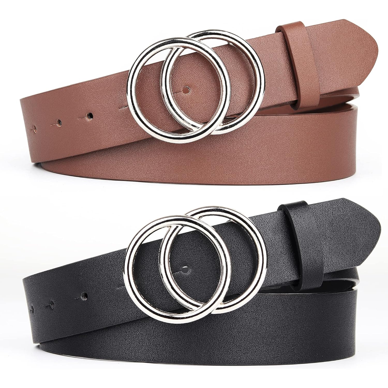 UnFader Pack 2 Women Belts for Jeans with Fashion Double O-Ring Buckle and Faux Leather