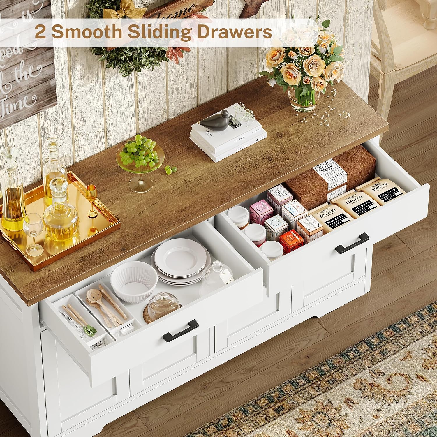 Buffet Cabinet With Storage And 2 Drawers, 47.2“ Large Sideboard Buffet Cabinet With Adjustable Shelves And Doors, Modern Coffee Bar Cabinet, White
