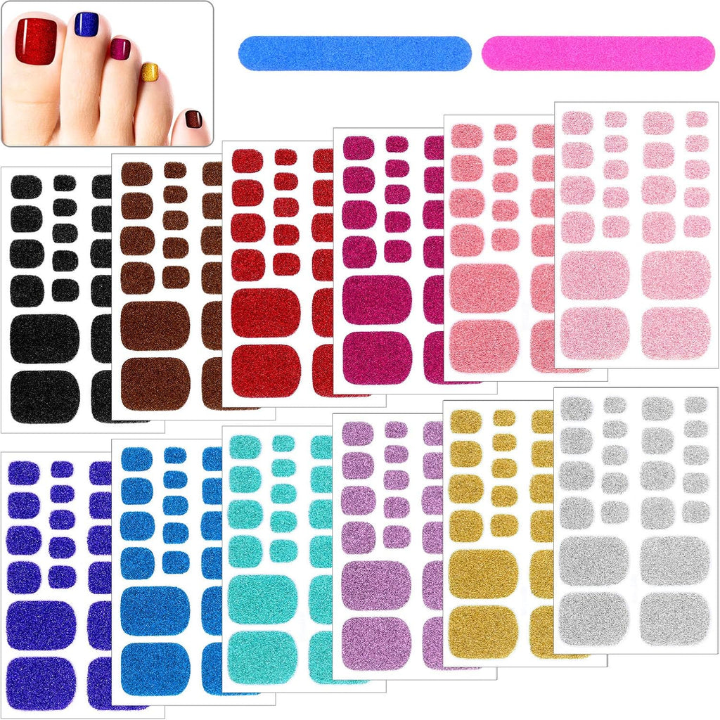 12 Sheets Glitter Toe Nail Wraps Self-Adhesive Toe Nail Polish Stickers Solid Color Nail Art Decals Strips Glittery Manicure Kit with 12 Styles and 2 Pieces Nail Files for Women Girls