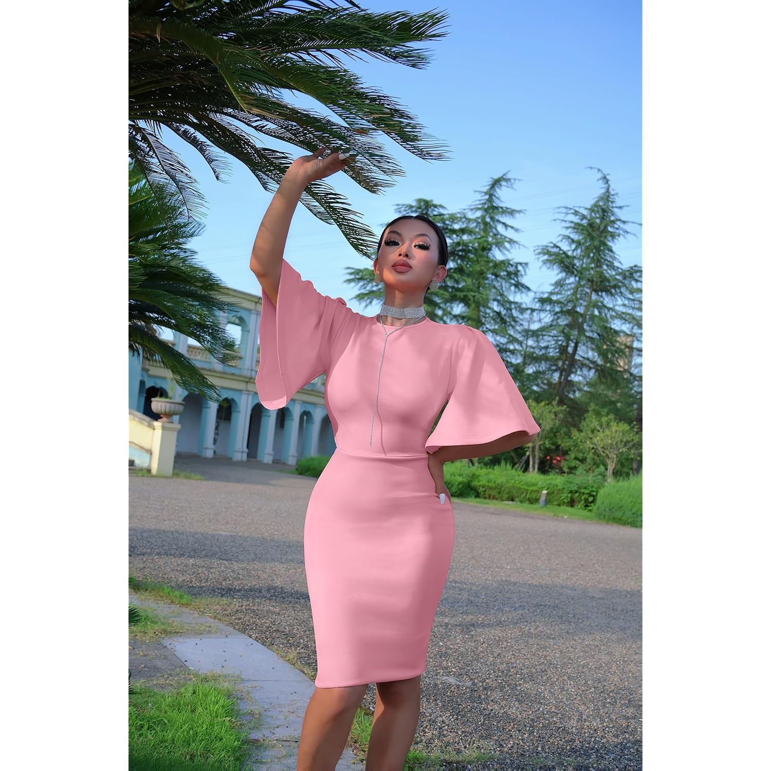 Women's Basic Bodycon Ruffle Flared Short Sleeve Pencil Midi Dress