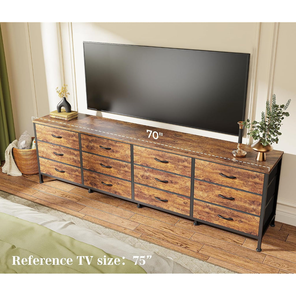 Huuger 70 Inch Dresser For Bedroom, Tv Stand For 65, 75, 80 Inch Tv, 12 Fabric Drawer Long Dresser, Large Entertainment Center For Bedroom, Wide Chest Of Drawer With Storage, Rustic Brown