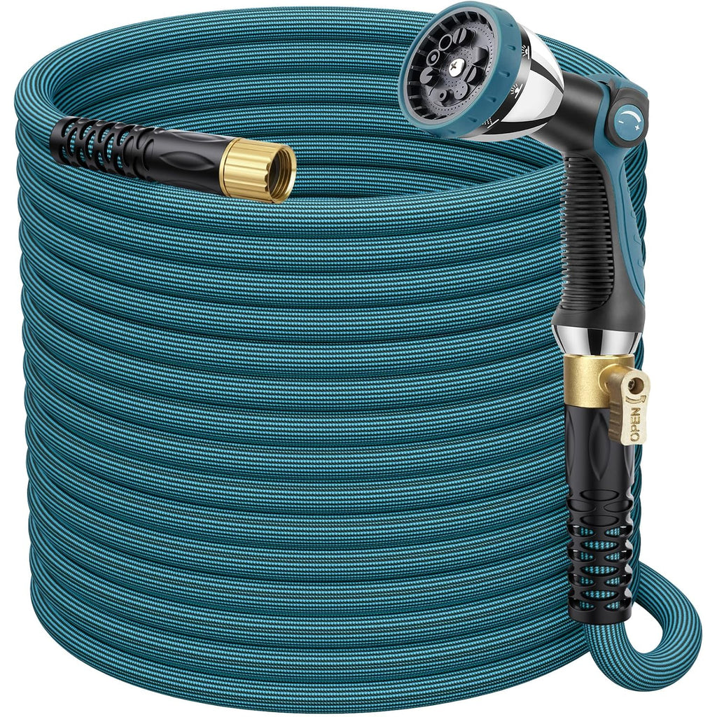 Garden Hose 100 Ft, Non-Expandable Lightweight Water Hose, 360° Swivel Anti-Kink Fittings, 10-Pattern Spray Nozzle & Shut-Off Valve, Flexible Water Hose For Yard, Lawn, Car Wash, Blue