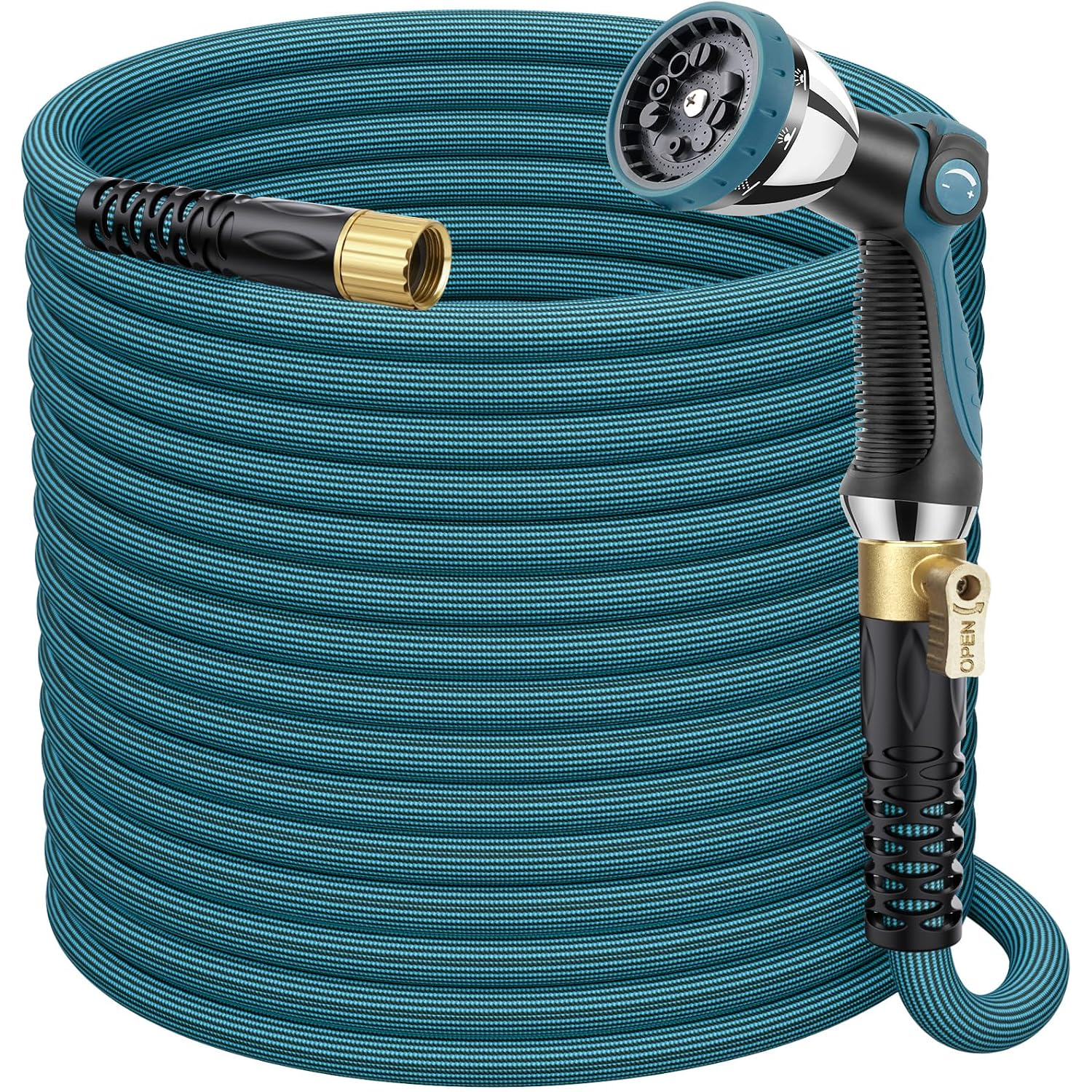 Garden Hose 100 Ft, Non-Expandable Lightweight Water Hose, 360° Swivel Anti-Kink Fittings, 10-Pattern Spray Nozzle & Shut-Off Valve, Flexible Water Hose For Yard, Lawn, Car Wash, Blue