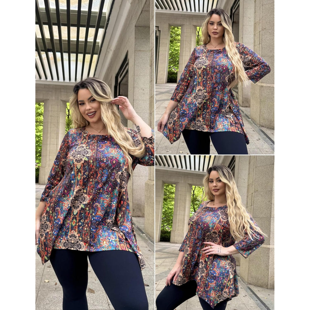 IN'VOLAND Plus Size Tops for Women 3/4 Sleeve Shirts Tunic Tops to Wear with Leggings Loose Fit Summer Fall Clothes