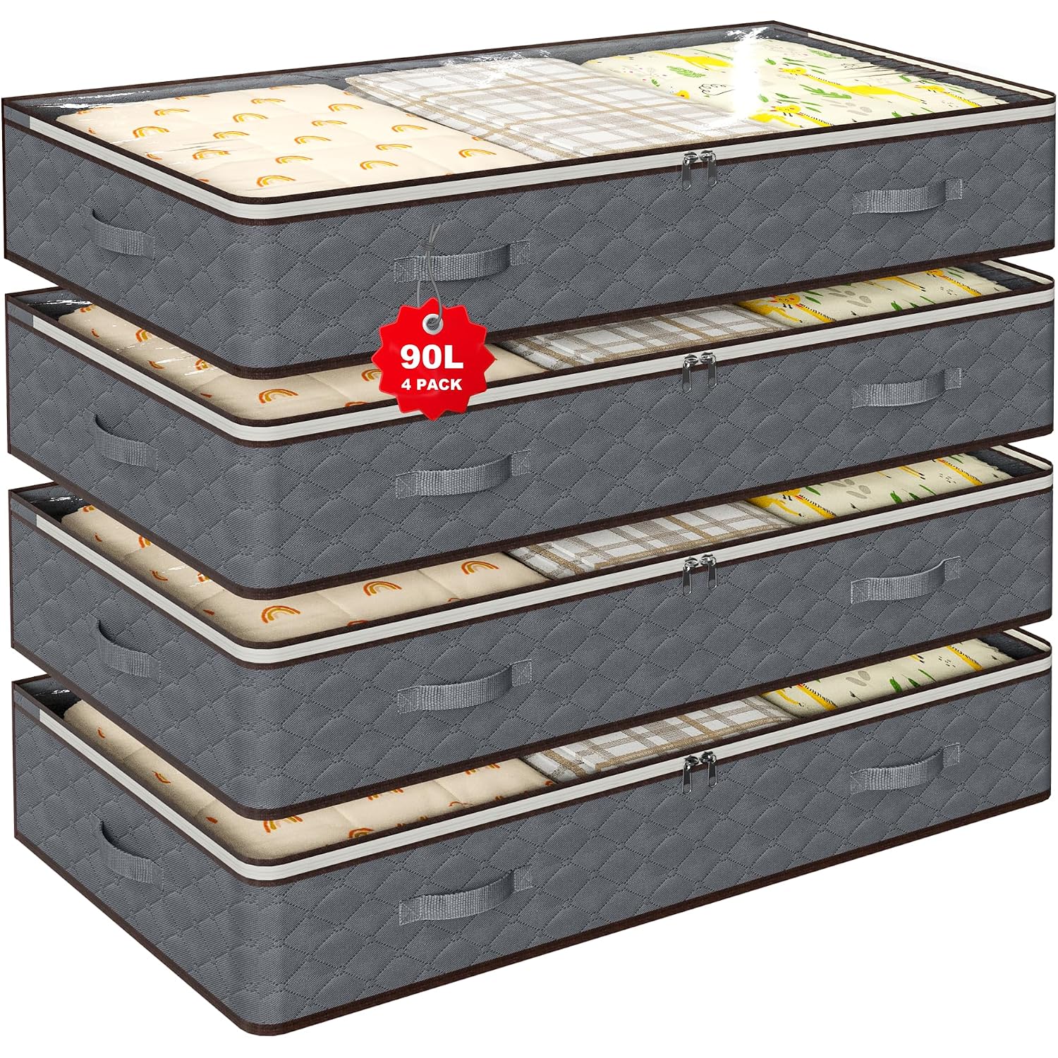90L Under Bed Storage Containers,4-Pack Closet Organizers And Storage Bins,For Organization And Storage Clothes, Shoes, Blankets & Pillows,Visible Transparent Top Storage Bins With Lids, Grey