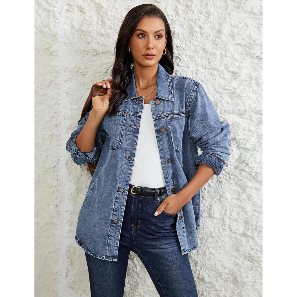 Luvamia Denim Jackets For Women Trendy Long Sleeve Button Down Shirt Jacket Jean Shacket With Pocket Western Work Jacket