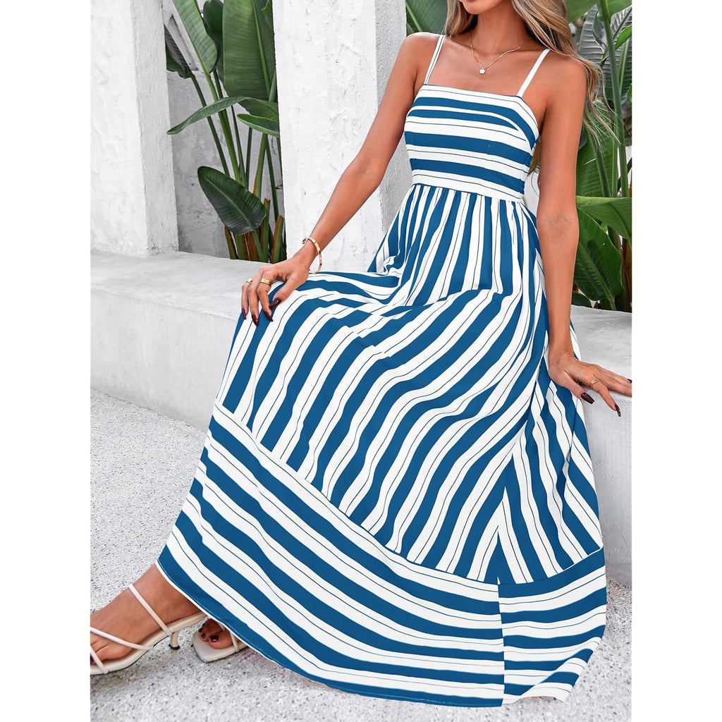 Prettygarden Women Summer Maxi Dresses 2026 Spaghetti Strap Boho Floral Striped Wedding Guest Beach Vacation Flowy Long Dress