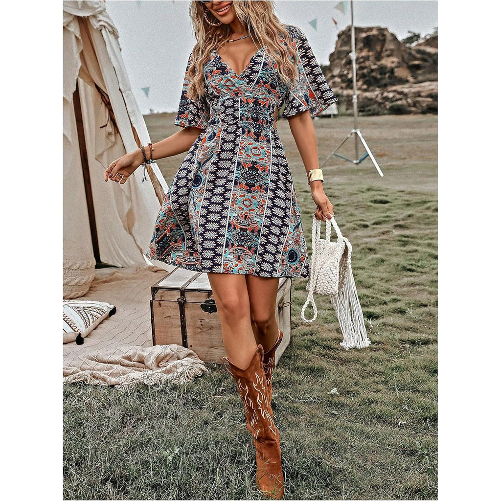 Beaudrm Women'S Vintage Western Dress Floral Cowgirl Outfits Country Mini Summer Flowy Boho Dress