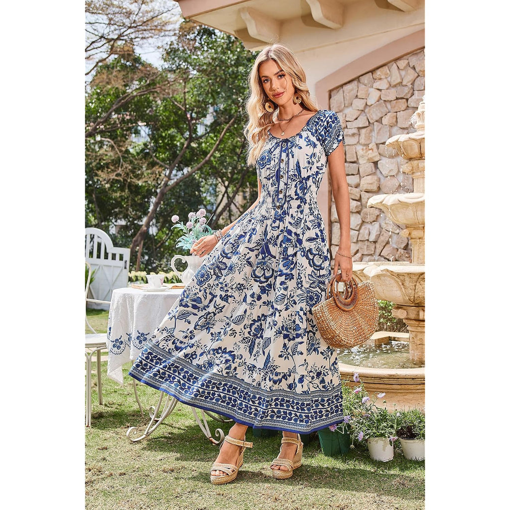 Ostoo Women'S Floral Maxi Dress Boho Summer Short Sleeve Smocked Waist Tiered Long Dress