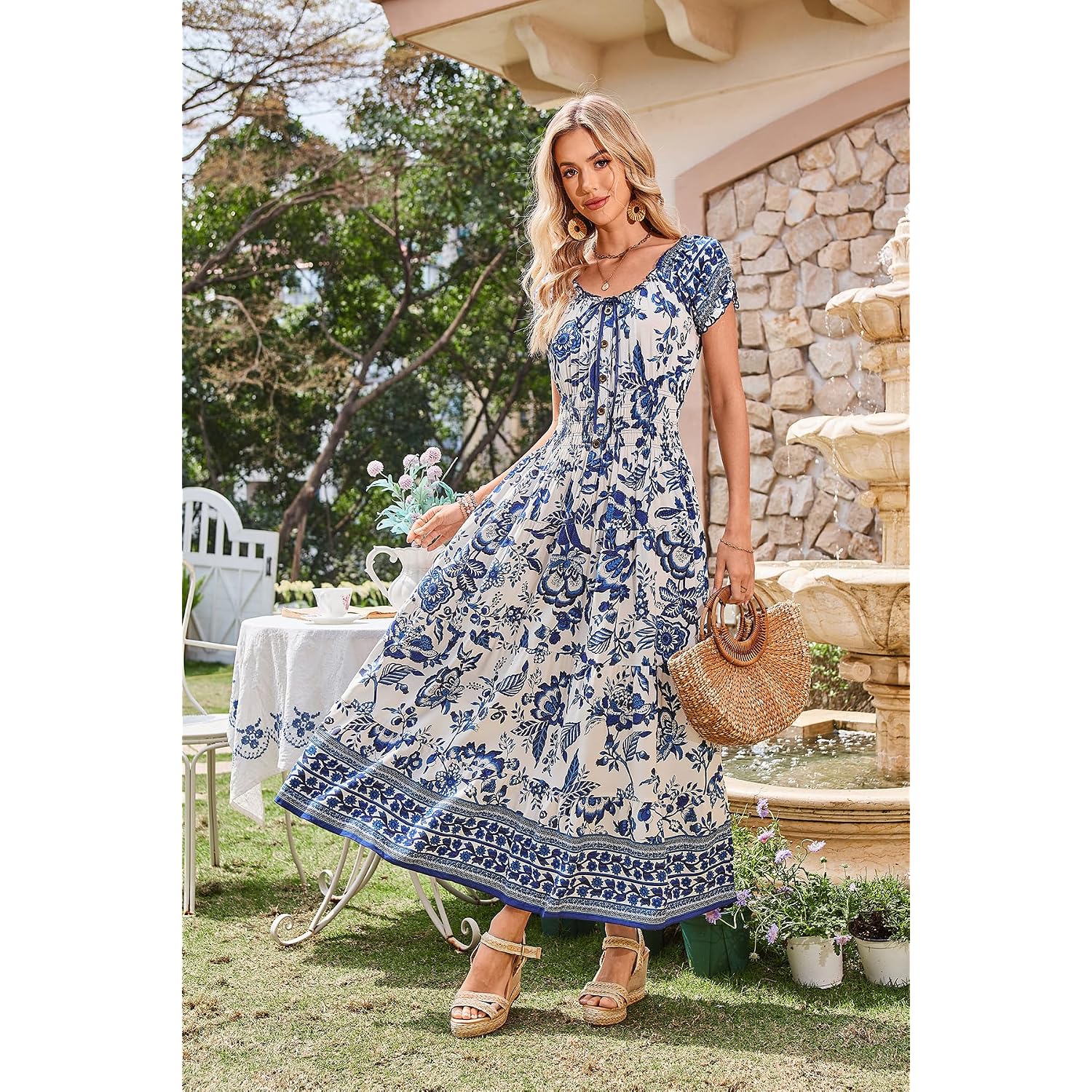Ostoo Women'S Floral Maxi Dress Boho Summer Short Sleeve Smocked Waist Tiered Long Dress
