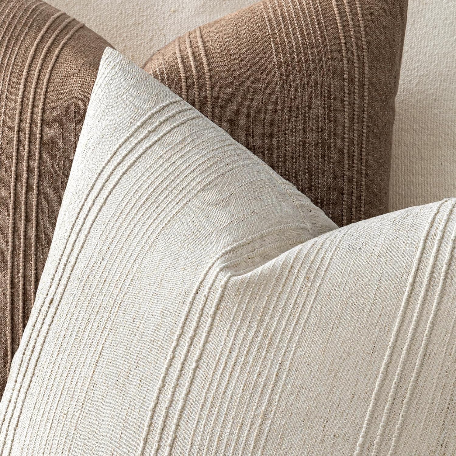 Miulee Striped Throw Pillow Covers 20X20 Decorative Textured Pillow Covers Pack Of 2 Linen Cushion Cases For Couch Bed Sofa Livingroom Farmhouse Home Decor, Natural Beige