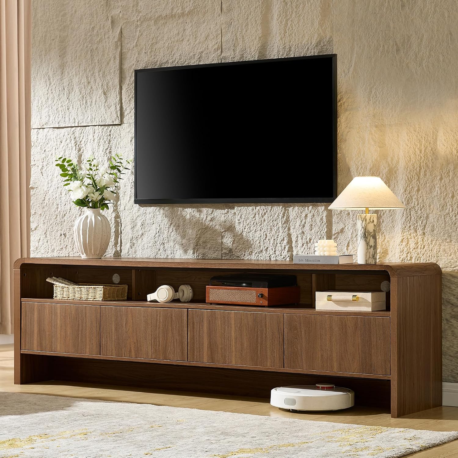 Amerlife 70" Modern Tv Stand For Tvs Up To 80", Wood Tv Console With Curved Profile Design & 2 Storage Cabinets, Media Console Entertainment Center For Living Room, Brown
