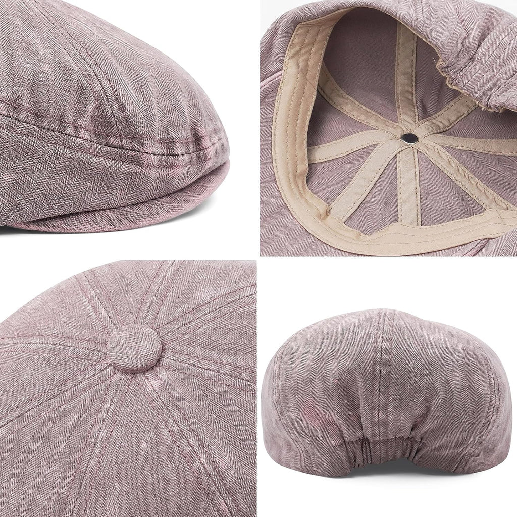 Newsboy Flat Cap for Men Women, Adjustable Washed Cotton Hat | 100% cotton, 8-panel Gatsby style, adjustable 57-60 cm fit for driving, golf, travel, and daily vintage looks. #B36-pink