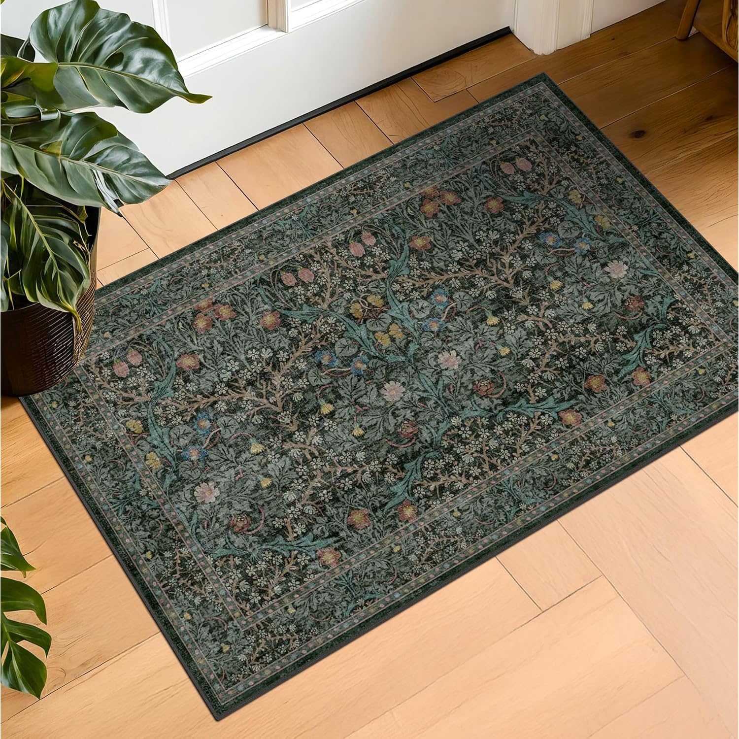Dark Green Washable Entry Rug - Front Door Throw Rugs Indoor, Non-Slip Bathroom Small Rugs, Vintage Floral Thin Rug For Kitchen, Boho Entryway Décor (2X3 Dark Green)