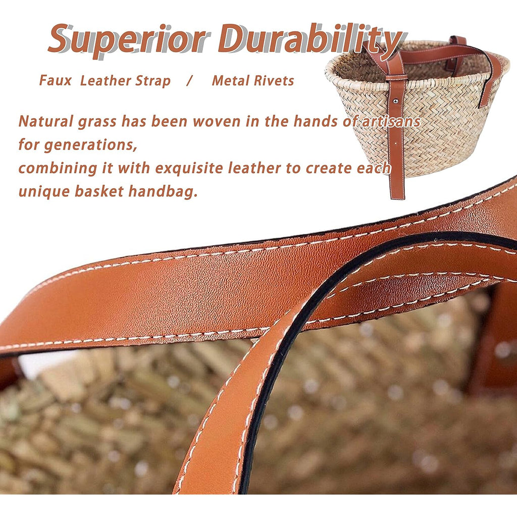 Straw Basket Tote Bag For Women Pu Leather Strap Hollow Woven Top Handle Straw Purses And Handbags