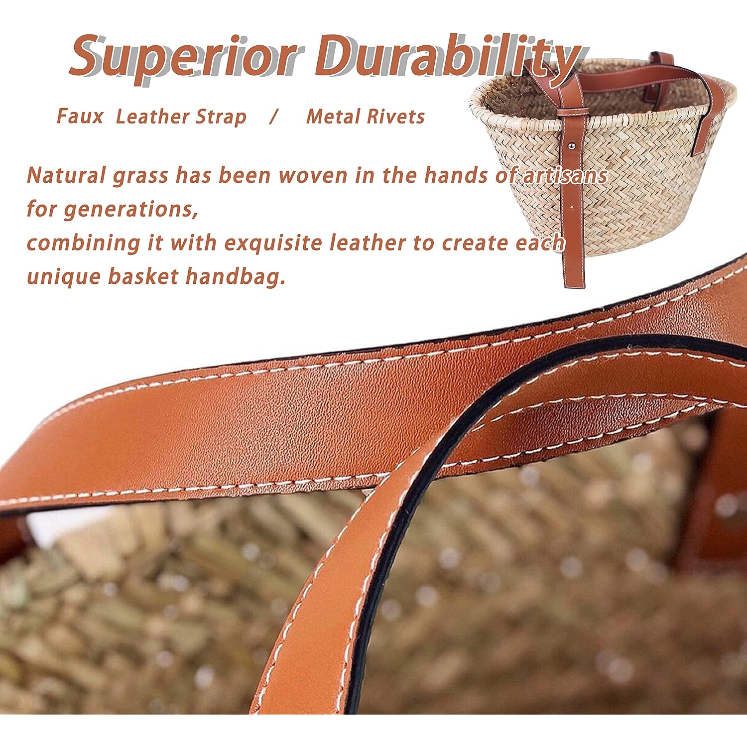 Straw Basket Tote Bag For Women Pu Leather Strap Hollow Woven Top Handle Straw Purses And Handbags