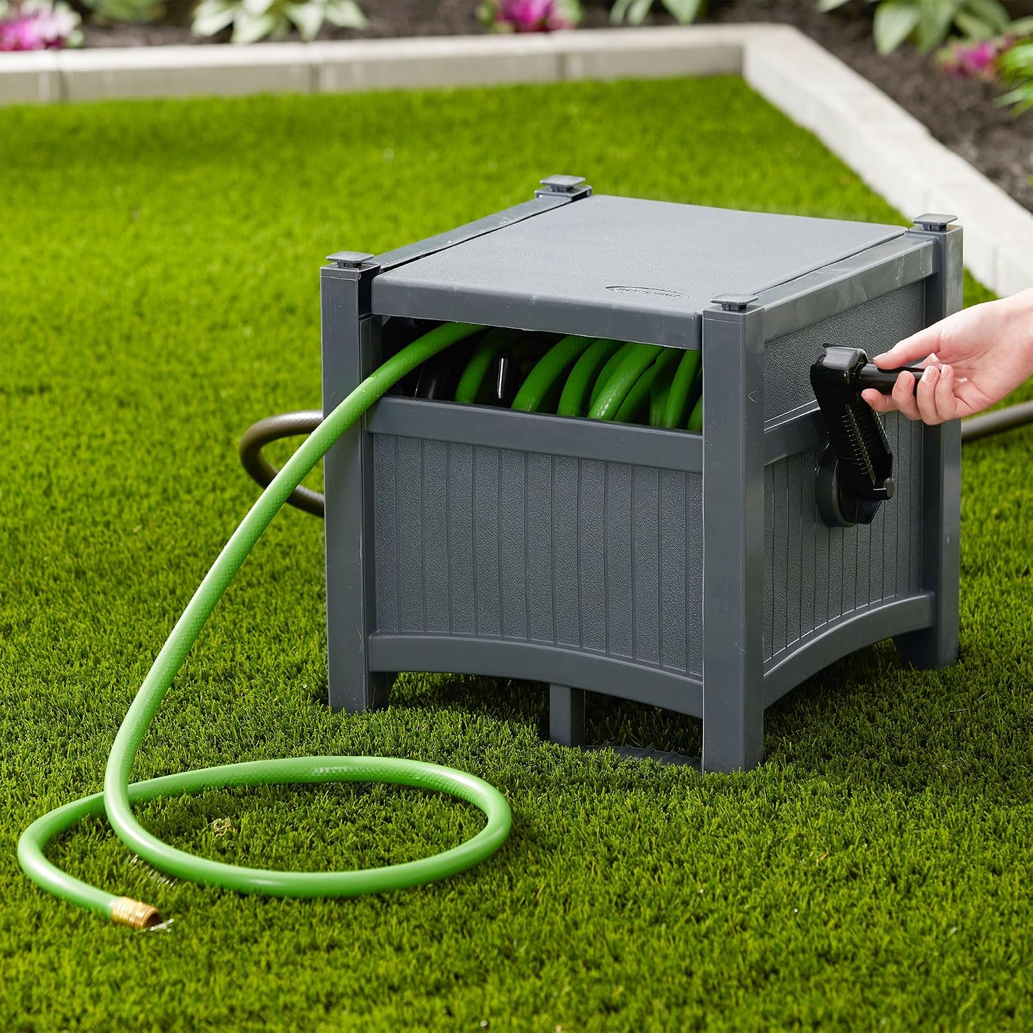 Suncast Garden Hose Hideaway Storage Reel Box, Cyberspace Grey – Resin Outdoor Container, Holds Up To 100 Feet Of 5/8 Inch Standard Vinyl Water Line – No Assembly Required