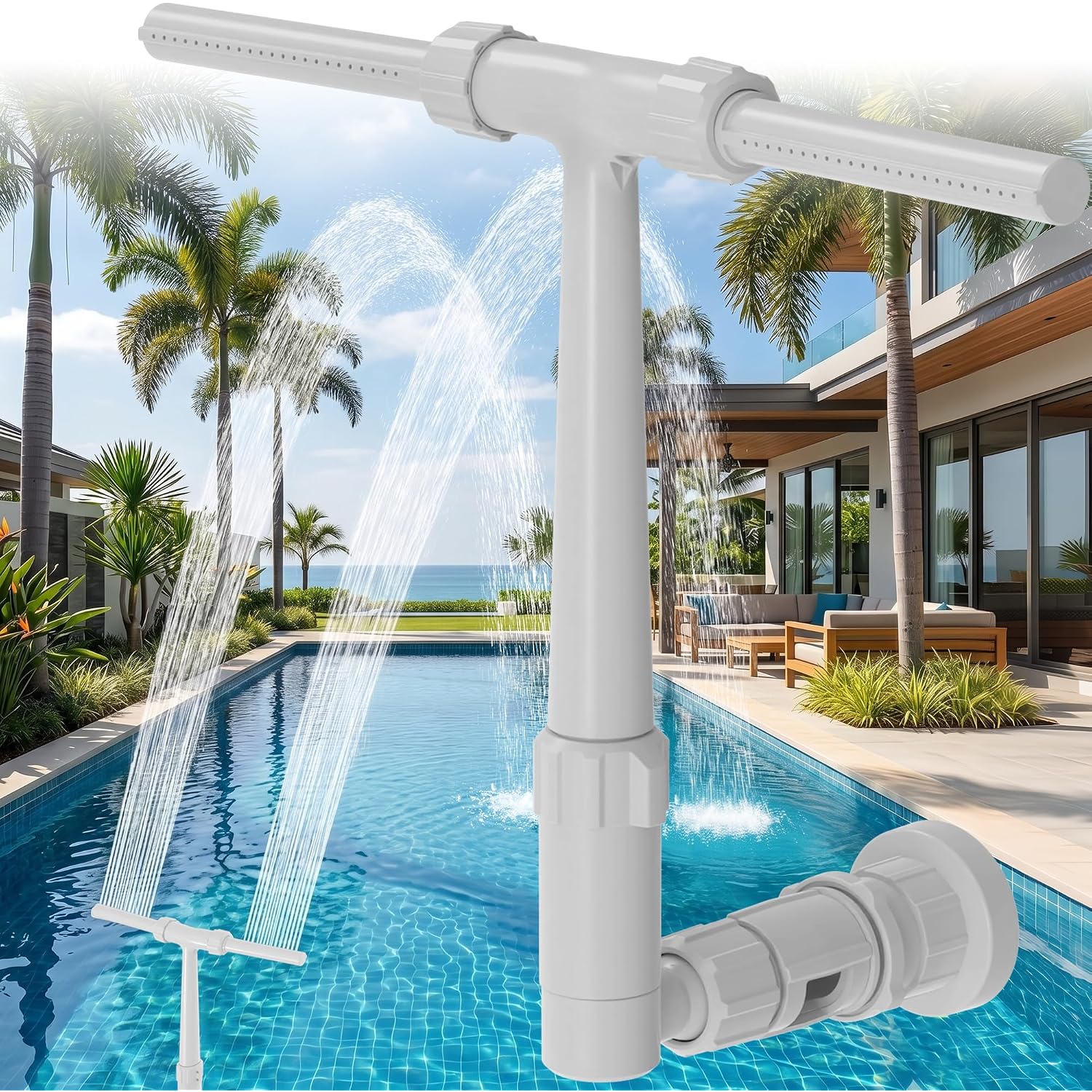 Pool Fountain For Above And In-Ground Pools, Dual Spray Waterfall Sprinkler Fountain, Above Ground Pool Accessories, Adjustable Waterfall Cooling And Relaxation
