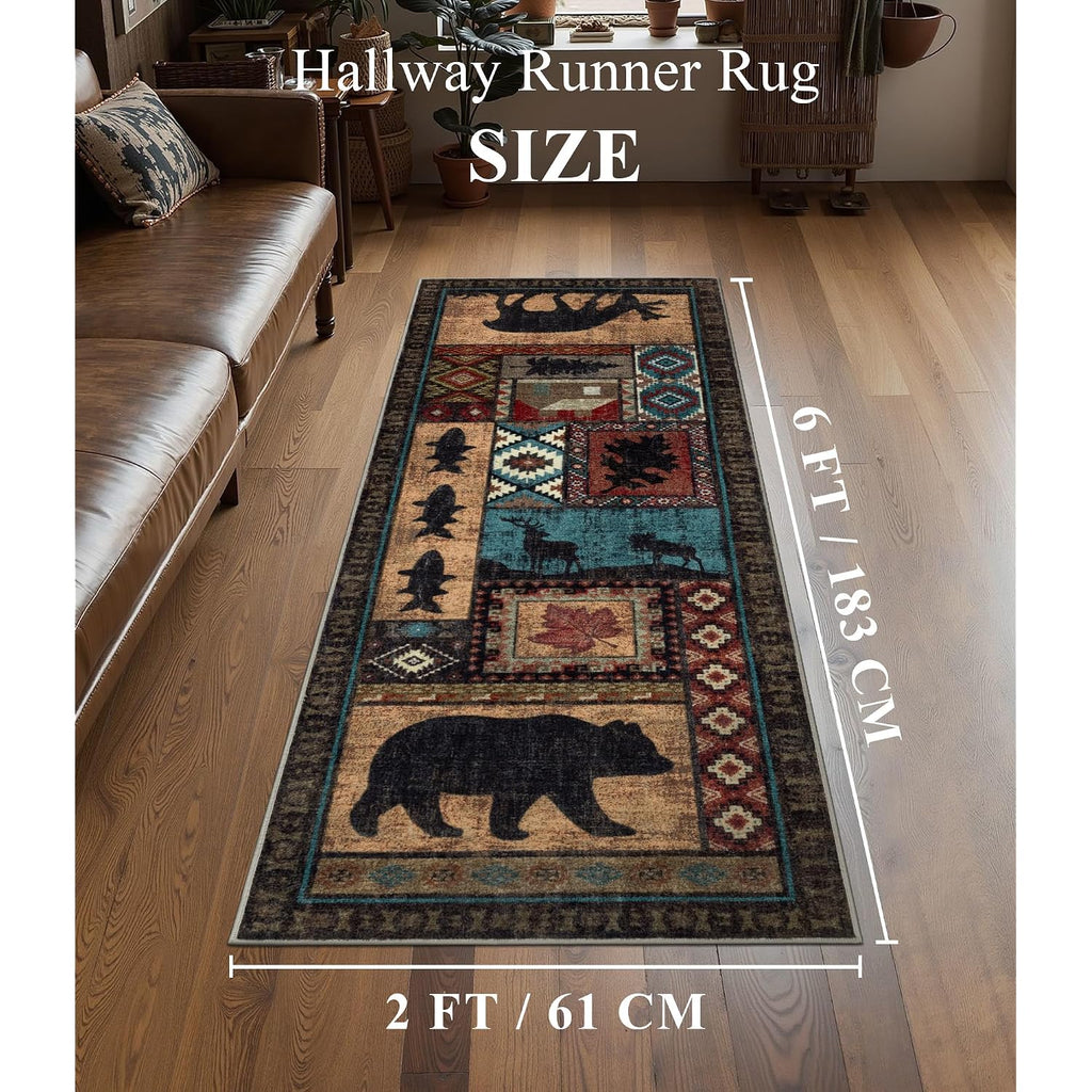Hallway Runner Rug 2X6 Indoor Door Mat - Bear Rustic Cabin Non-Slip Entryway Rug, Low Pile Tribal Print For Kitchen, Bedroom