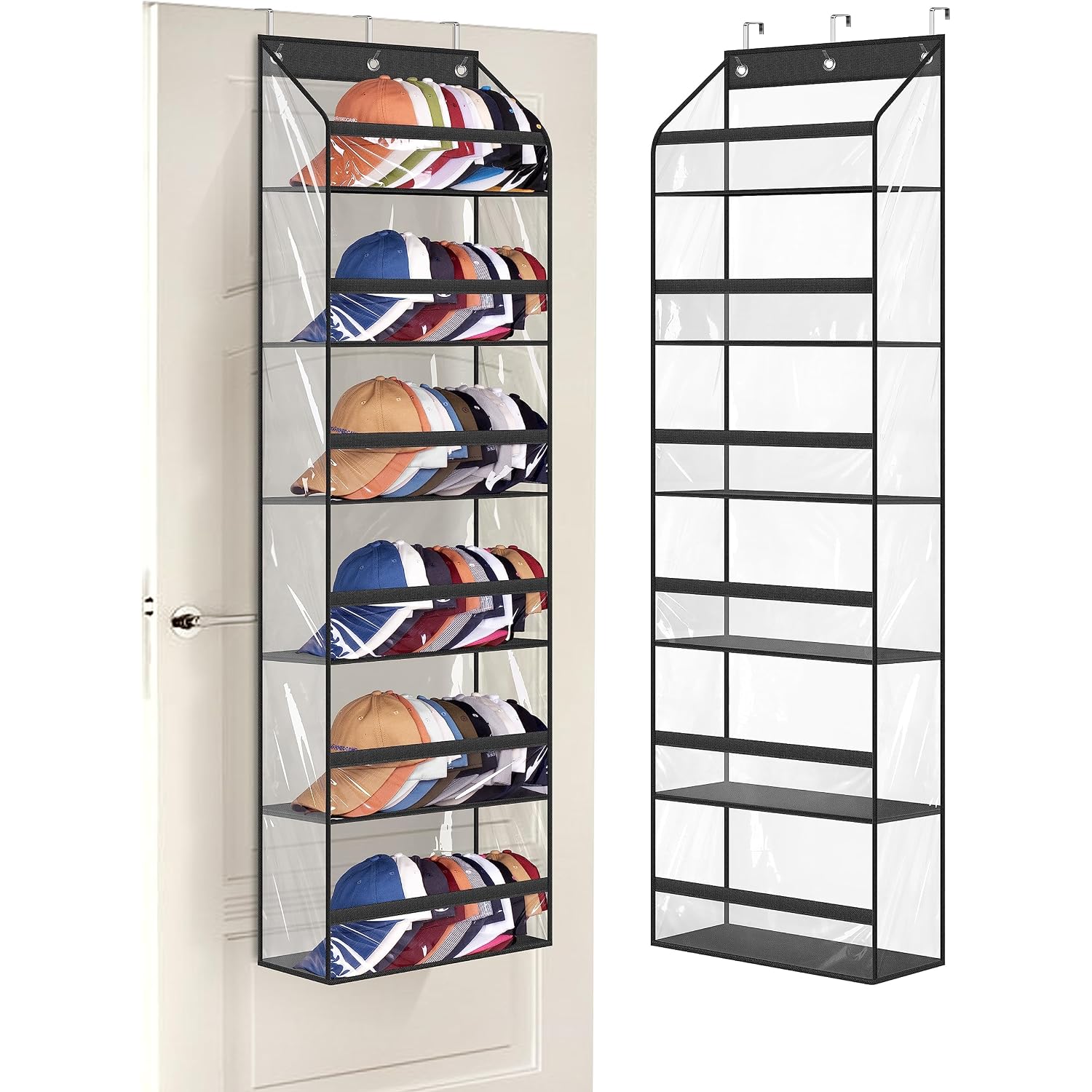 Clear Over The Door Hat Racks For Baseball Caps, Large Holds Up To 72 Caps Hat Storage Organizer For Closet Wall, Deep Pockets Hanging Hat Holder With 3 Hooks, Black