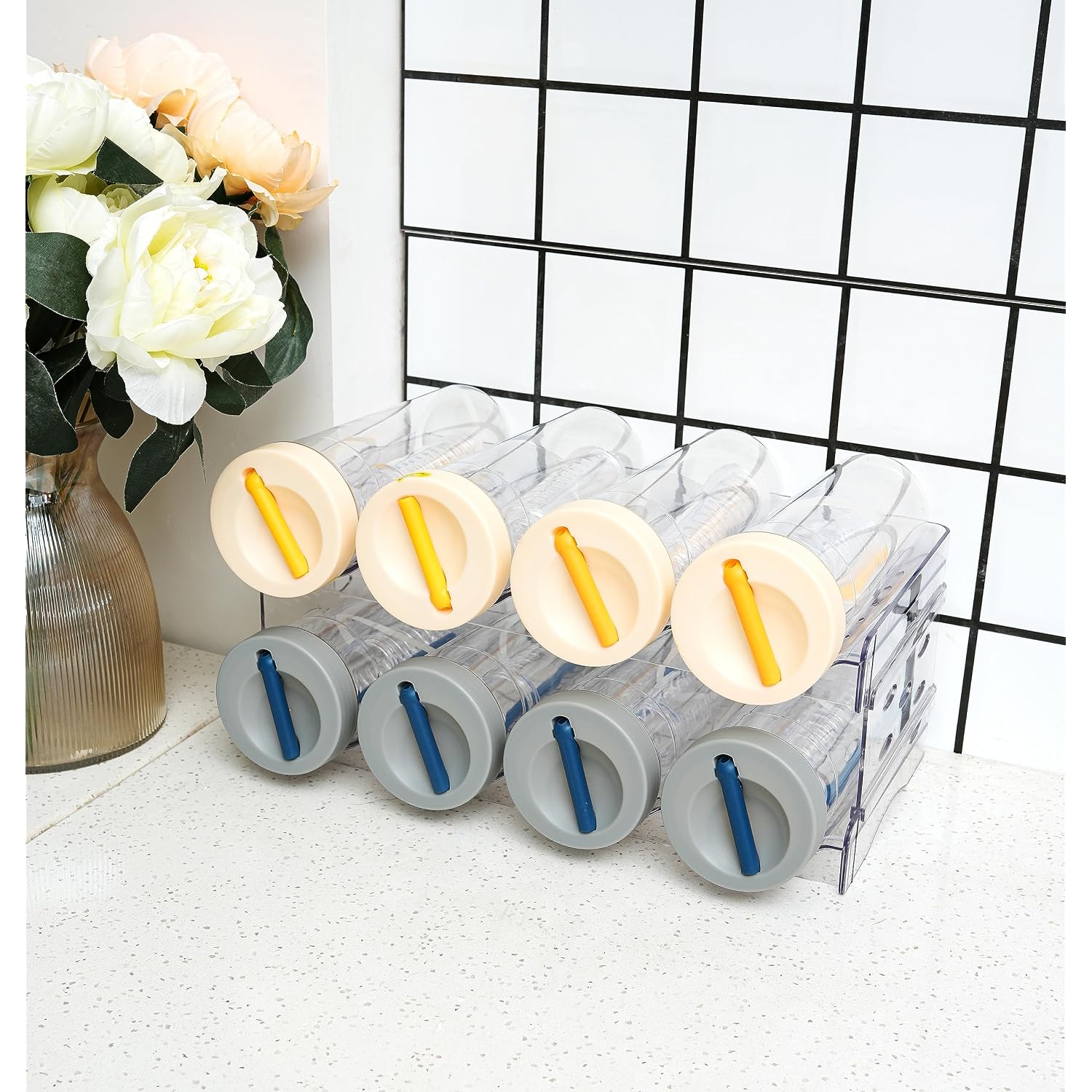 Plastic Stackable Bottle Storage Holder Rack Holds 16 Bottles,Free-Standing Water Bottle/Wine And Drink Organizer Shelf For Kitchen Cabinet,Fridge,Countertop,Pantry,Freezer,4 Packx4 Bottles,Clear