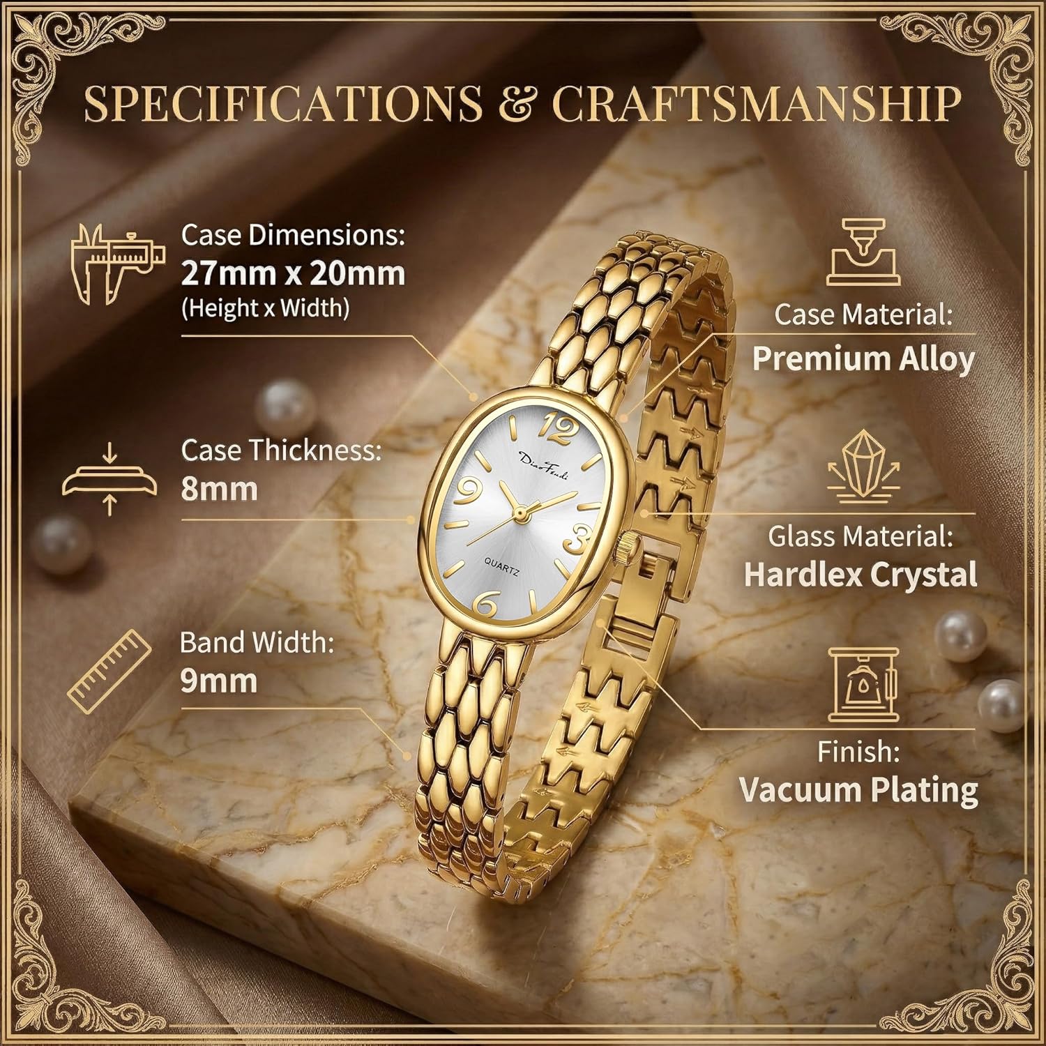 Diaofendi Petite Vintage Oval Gold Women’s Watch, Waterproof Elegant Watch with Japanese Quartz Movement, Adjustable Strap with Tool