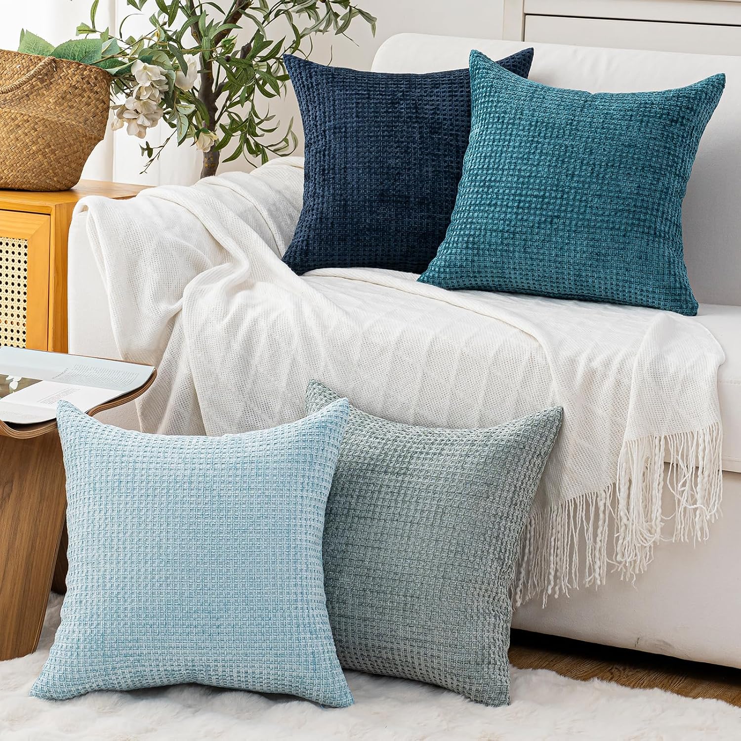 Pack Of 4 Throw Pillow Covers 18X18 Inch Blue Series Boho Cushion Covers Decorative Farmhouse Pillow Covers For Couch Bed Sofa Living Room Home Decor Soft Square Pillowcase
