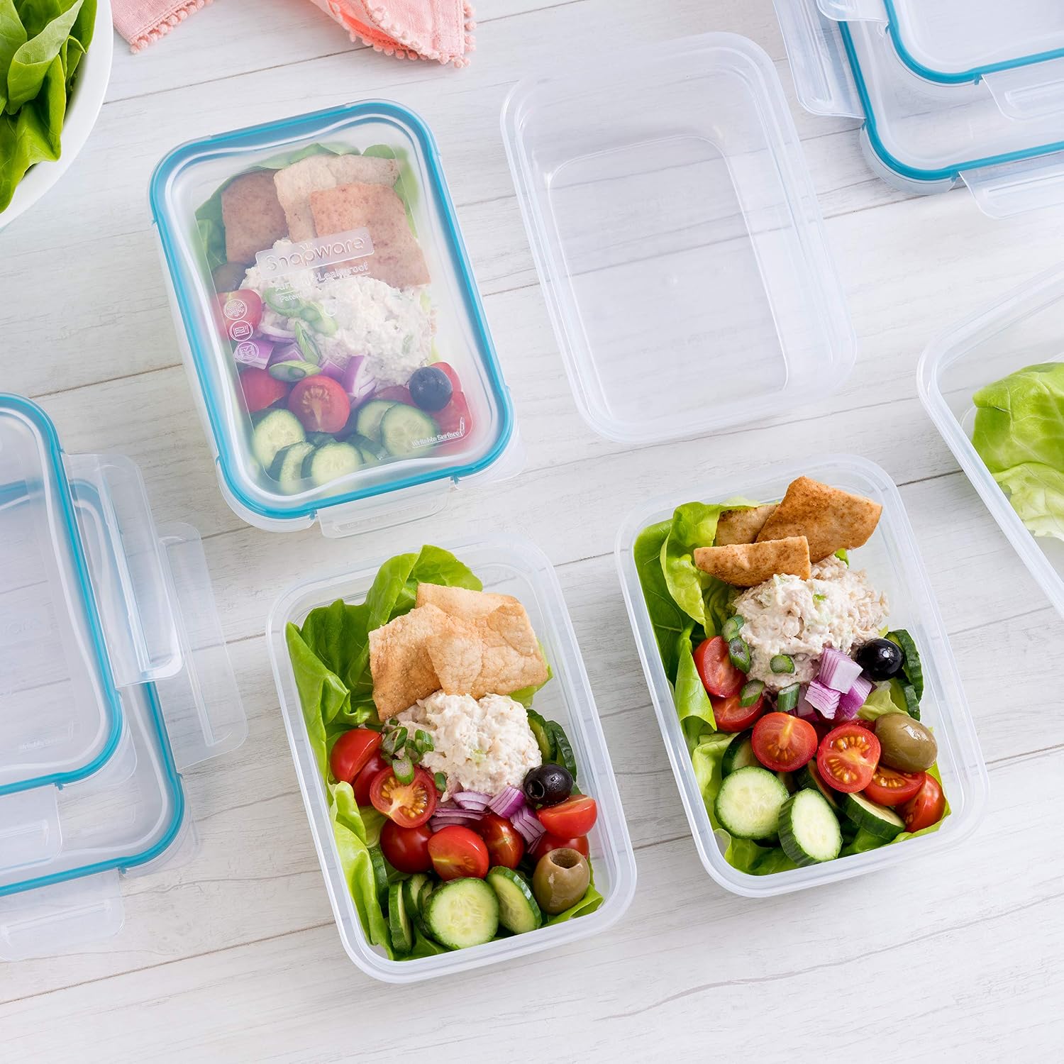 Snapware Plastic Total Solution 5-Pack (3-Cup) Food Storage Containers Set, Leakproof & Airtight Plastic Locking Lids Rectangular Tupperware, Non-Toxic Bpa-Free Lids, Microwave Dishwasher Freezer Safe