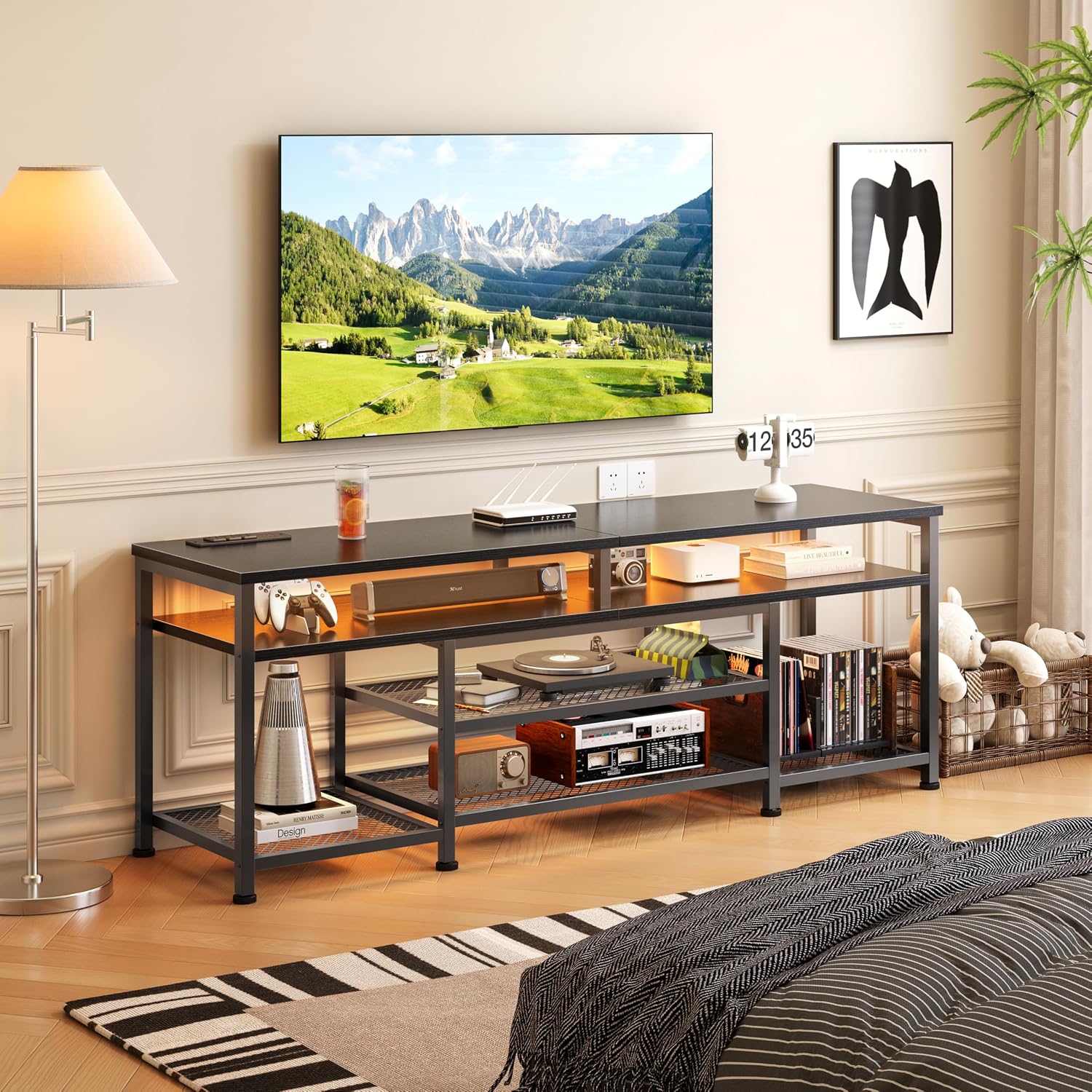 Furologee Tv Stand With Power Outlets And Led Lights, 63 Inch Entertainment Center For 60 65 70 Inch Tvs, Media Console Table With Open Shelves, For Bedroom, Living Room, Black