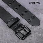 SANSTHS Women Double Grommet Studded Belts, Black Leather Belt for Women Men Punk belt