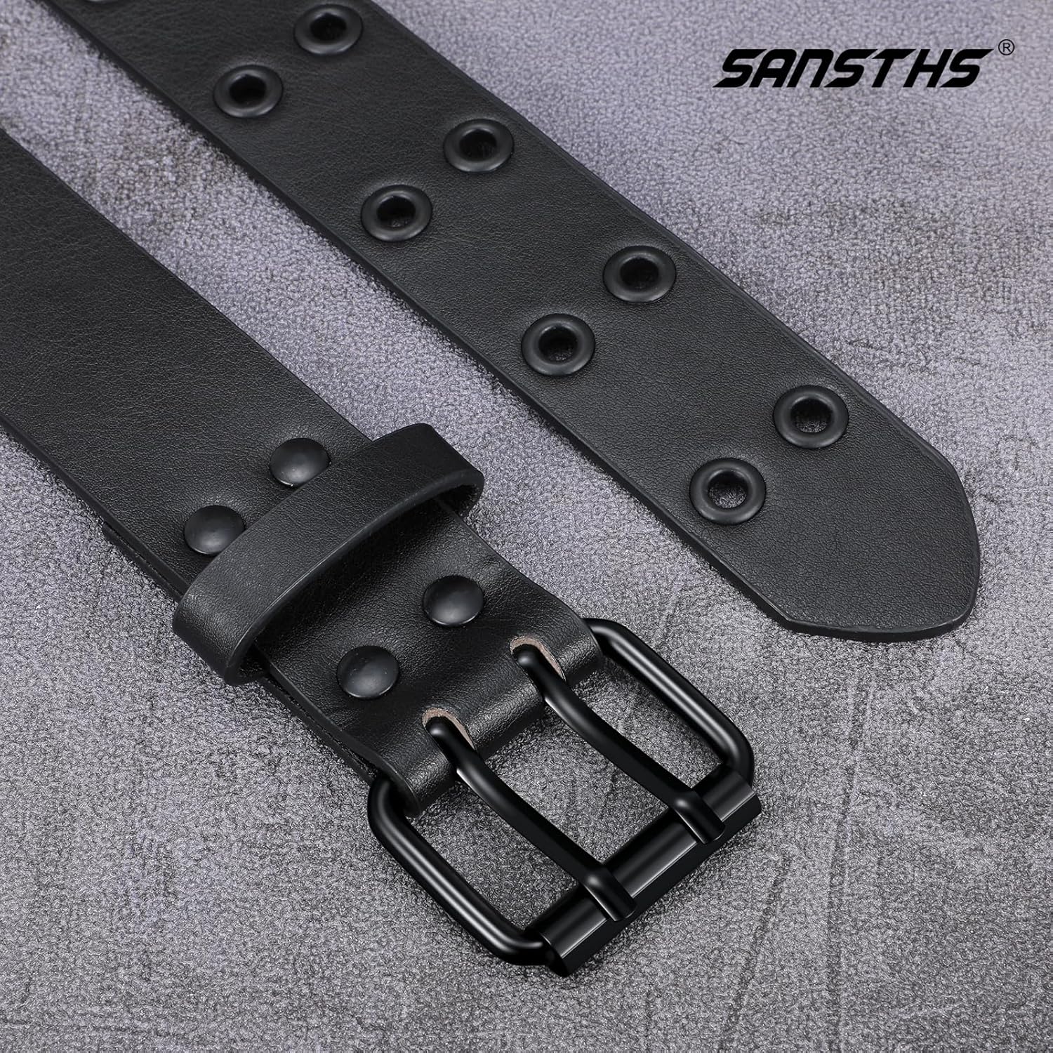 SANSTHS Women Double Grommet Studded Belts, Black Leather Belt for Women Men Punk belt