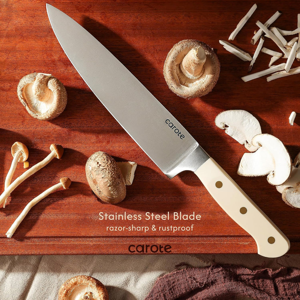 Carote 11 Pieces Knife Set With Block For Kitchen, Stainless Steel Razor-Sharp Blade, Triple Riveted Ergonomic Handle, Wooden Magnetic Block, Essential Knife Block Set, Beige