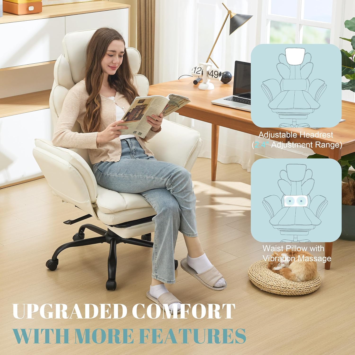Flip Armrests Criss Cross Office Chair, Reclining Office Chair With Foot Rest, Adjustable Headrest, Massage Waist Pillow, Cross Legged Big And Tall Desk Chair Wide Seat Vanity Chair, White Pu Leather
